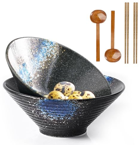 feyiubmen Ramen Cuenco de Cerámica, 2 Juegos Ramen Bowl con Cuchara y Palillos Antideslizante Tazón Japonés Vajilla para Ramen, Ensalada, Muesli, 1000 ml, 20 x 20 x 8 cm
