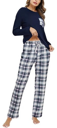 Aseniza Pijama Mujer Invierno Algodón Conjunto de Pijama Manga Larga Ropa de Dormir de Camiseta y Pantalones Largo 2 Piezas con Bolsillos Azul Oscuro, S