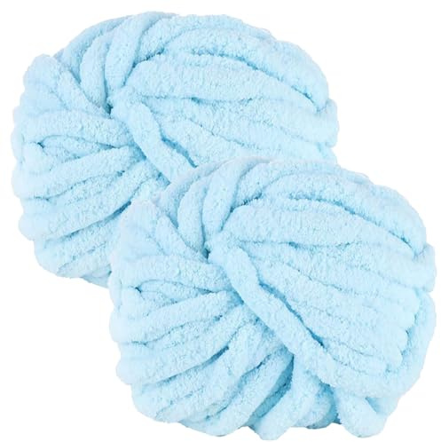 bechoanigel 2 Pezzi Gomitoli Lana Grossa 500g, Filato Gigante Gomitoli Lana Grossa per Coperte a Mano, Gomitolo Ciniglia XXL per Lavorare a Maglia Sciarpe, Cappelli e Cuscini - Blu Chiaro