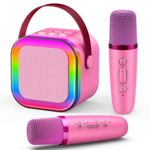 Dislocati Macchina karaoke per bambini con 2 microfono karaoke Bluetooth, regalo per ragazze giocattolo per 3-12 anni, altoparlante portatile con luci a LED, ideale per feste di famiglia e riunioni di