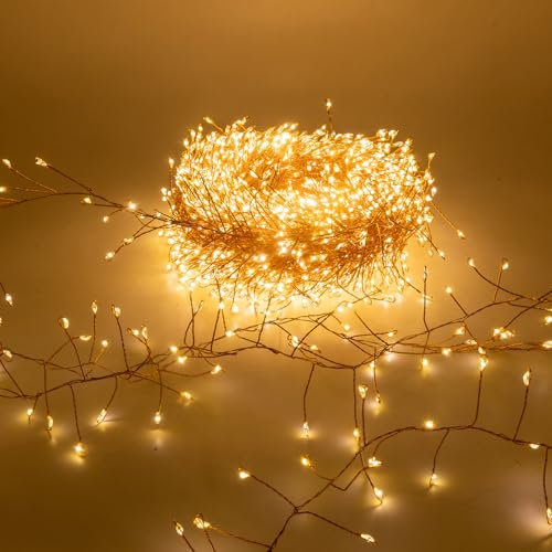 Luccika Cluster Catena Luminosa Natalizia, Luci Micro LED a Grappolo, 8 modalità di Giochi, Interno Esterno, Lucine Decorative per Albero, Natale (Bianco Caldo - Cavo Rame, 20 Metri - 2000 LED)