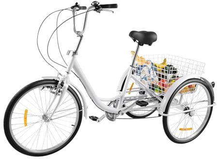 FortyFor Tricycle 24 pouces, blanc, 6 vitesses, 3 roues, pour adultes, avec panier et clochette, pour personnes âgées, filles, garçons, hommes et femmes