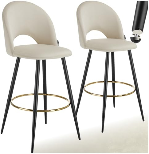 tectake® Taburete Alto Cocina con Respaldo, Acolchado, Terciopelo Suave, Taburete Bar con Patas de Acero, Reposapiés y Pies Antideslizantes, Silla Cocina o Bar, Banqueta - 2 sillas, Crema/Negro