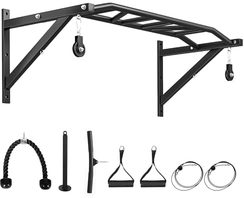 SPORTNOW Barre de traction murale, barre de fitness multi-prise en main multifonctionnelle en acier robuste, avec système de poulie à câble, multi-grip pull up bar domicile charge 200 kg, noir