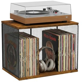 Vinyl Record Storage Crate, Wooden Record Cube for 80–110 LP Albums, 1 Pack | Stackable Record Holder Rack with Metal Frame, Record Organiser Box for Home, Living Room or Studio, Brown