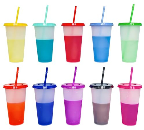 10 bicchieri che cambiano colore, 710 ml, con coperchio, in plastica colorata riutilizzabile, con coperchio e cannuccia, per caffè, bevande fredde, campeggio, infrangibili