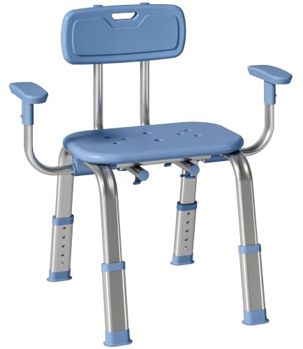 HOMCOM Tabouret de Douche Robuste Charge Max.150 kg Argent et Bleu | Convient à taille forte, dossier et accoudoirs ergonomique, largeur et hauteur réglable, tube ovale en aluminium