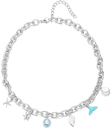 IMINI Collier à breloques océan – Queue de sirène, étoile de mer, conque et fausses perles CZ couronnes, chaîne épaisse réglable plaqué or/argent, 43 + 6 cm, bijou bohème pour femme