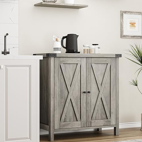 Lidzopas Rustic Farmhouse Entryway Storage Cabinet, Wooden Sideboard Buffet with Adjustable Shelves, Barn Doors, Drawers, Multi-Functional Organizer for Kitchen, Dining, Living Room, Grey