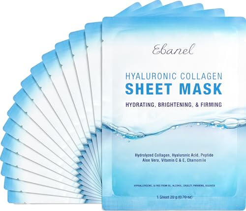 Ebanel 15 Pack Collagen Face Mask with Hyaluronic Acid, Vitamin C, Peptide, Aloe, Instant Brightening Hydrating Face Masks Skincare Korean Sheet Mask, Skin Firming, Lifting Anti Aging Facial Masks