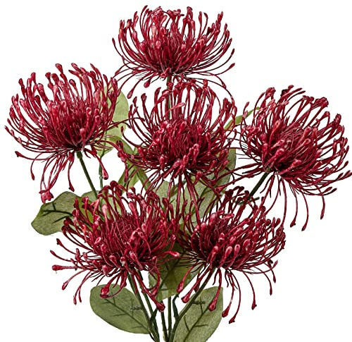 Oairse 4 tum konstgjorda krysantemumblommor med 6 blomhuvuden, set med 2 | Röd fuskmammor spindlar blomma med 84 cm lång stam för höstdekor hem bröllop trädgård fest flora arrangemang