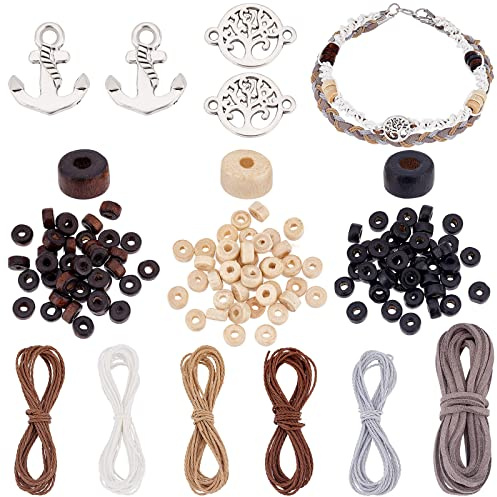 PandaHall Omlottarmbandssats för män kvinnor, 120 st platta runda träpärlor snöre läderarmband tillverkningssats för att göra vintage etniska stamarmband armband armband