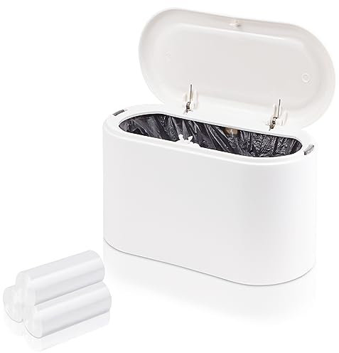 SHAIDOJIO Small Bin, Small Bathroom Bin with Lid and 90PCS Trash Bags, Removable Desk Plastic Mini Office Bins, Pop Up Mini Dustbin, Desk Trash Can for Bathroom Coffee Bar Tabletop Dresser-White