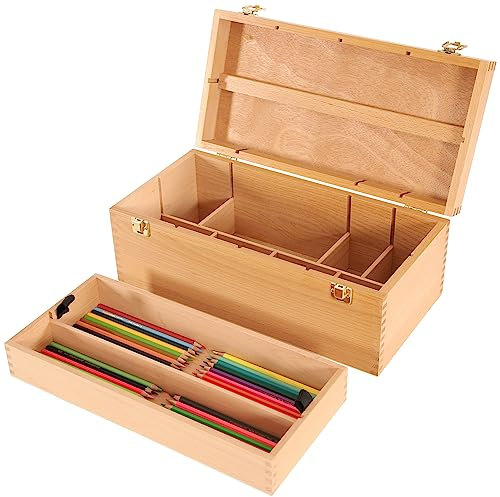 VISWIN Caja Grande de Almacenaje para Arte, Herramientas de Madera de Haya Maciza de Doble Capa para Materiales de Arte, Caja de Herramientas de Madera para Pinceles, Materiales de Pintura