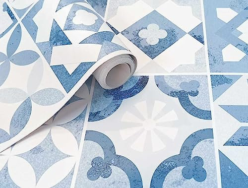 GOYAPRINT Papier Décoratif Carrelage Vinyle Adhésif Cuisine Style Hydraulique Marocain 40x250 cm Mosaïque Autocollante pour Mur Meubles (Carrelage Bleu)