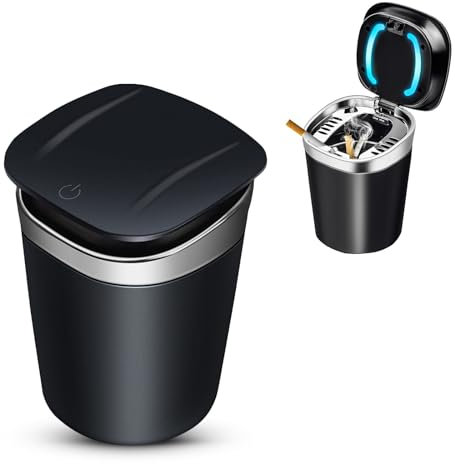 Kytpyi aschenbecher auto, auto aschenbecher mit deckel, Rauchfreier Aschenbecher aus Edelstahl mit LED-Licht, abnehmbarer tragbarer auto aschenbecher für Zuhause, Büro, Camping im Freien (Silber)
