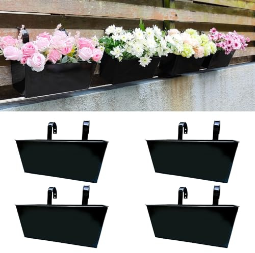 LaLaGreen Rail Planter Box (4 Pack, 16 Inch) Large Black Metal Hanging Flower Pots, Rectangle Outdoor Strawberry Plant Holder Window Balcony Deck Railing Fence Minimalist Farmhouse Countryside Style