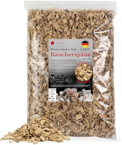 Moritz 15 kg de copeaux de fumage en hêtre grossier, 6 à 12 mm, pour fumage à froid de poisson, viande, saucisse, fromage, légumes, également pour barbecue, farine de fumage
