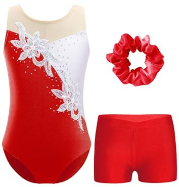 Mufeng Enfant Fille Justaucorps Gymnastique avec Short et Bande de Cheveux Leotard Gym Tenue Patinage Artistique Costume Spectacle 3-16 Ans Rouge 11-12 ans