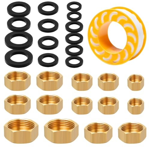 UTMACH Tapón de Latón Hembra 1/8 1/4 3/8 1/2 3/4 14 Piezas Grifo Jardin Tapón Hembra Ciego para Radiadores Tubos Tapón Hembra Latón con Arandela Plana Nailon y Cinta Teflón Fontanería