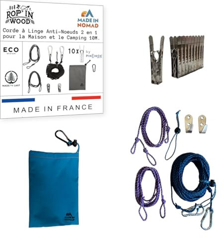 Rop'in Wood: Corde a Linge Exterieur Intérieur 10M Anti-Noeud, 1 Sac, 10 Pinces à Linge INOX, 2 Attaches Arbre/Corde, 2 Crochets, 3 Mousquetons, 2en1 pour Buanderie, Voyage, Camping, Made in France