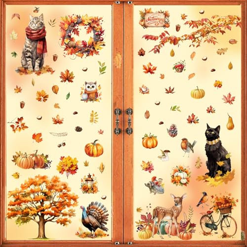 HUIKUANGEU Herbst Blätter Fensteraufkleber, Katze, PVC-Vinyl, Cartoon, Wiederverwendbar, Glas, 9x20X30cm, Erntedankfest, Thanksgiving