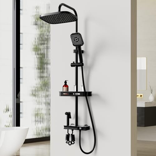 LANMOU Duschsystem Schwarz mit Temperaturanzeige, Duscharmatur Komplettset mit Regendusche Duschkopf, Regendusche mit Armatur, 80-120cm Höhenverstellbar, Duschset 3 Strahlarten