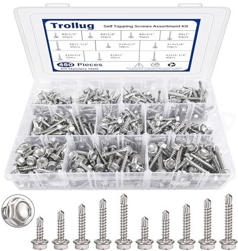 450PCS Self Tapping Screws for Metal, 410 Stainless Steel Self Drilling Screws #8#10 Hex Head Sheet Metal Screws Assortment Kits, Length 1/2 to 1-1/4'' (Silver)