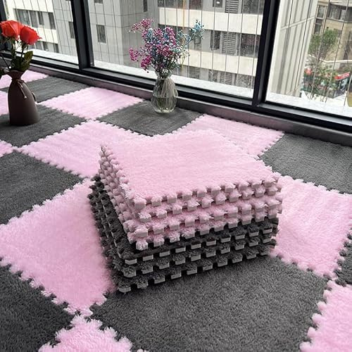 Lot de 10 Tapis de Jeu en Mousse Pelucheuse - Protection de Sol Carrée à Poils Longs - Puzzle pour Salle de Jeux - 30 x 30 x 1 cm - Gris et Rose