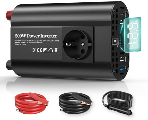 TAGEEBLU 500W inverter 12v 220v, inverter auto con 1 presa, tipo C 30W, ricarica rapida USB 25W, 3 porte USB, display LED
