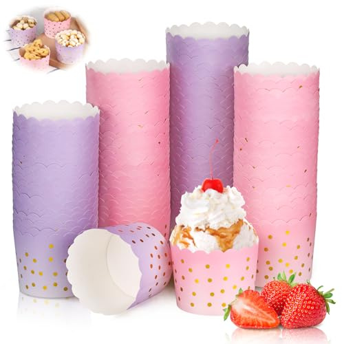 Moldes Magdalenas Papel 100 Piezas, Moldes de Papel para Magdalenas de 70 x 55mm con Patrón Elegante, Mini Muffins Resistentes al Calor Revestimientos para Fiesta, Cumpleaños (Rosa Morado)
