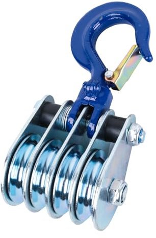 Cokritsm Polea 4 Ruedas 1 Tonelada con Rodamientos de Bolas y Gancho - Sistema de Elevación Heavy Duty para Construcción y Forestal - Acero 63mm, 10mm Cable/Cuerda (1 Unidad)