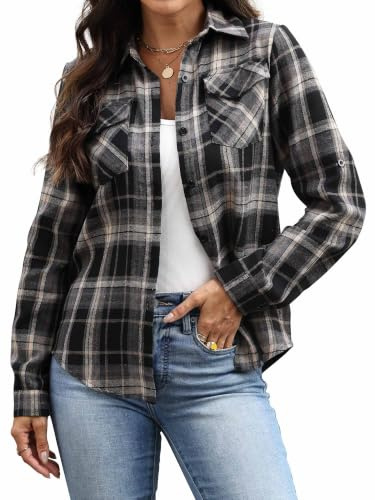 Famrrifuu Chemise a Carreaux Femme Classique Chemisier en Flanelle Bucheron Western Élégant Blouse 100% Coton Décontractée Shirt, Noir, XL