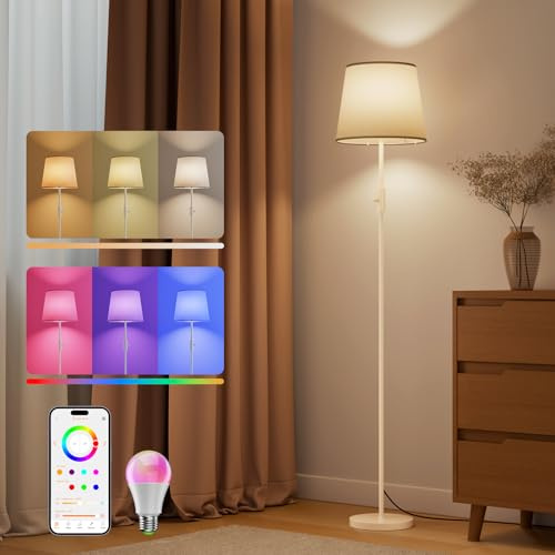DUSKTEC Smart RGB-golvlampa med tygskärm, dimbar ansluten LED-golvlampa, modern lampa för sovrum och vardagsrum (glödlampa ingår), kompatibel med Alexa och Google Home