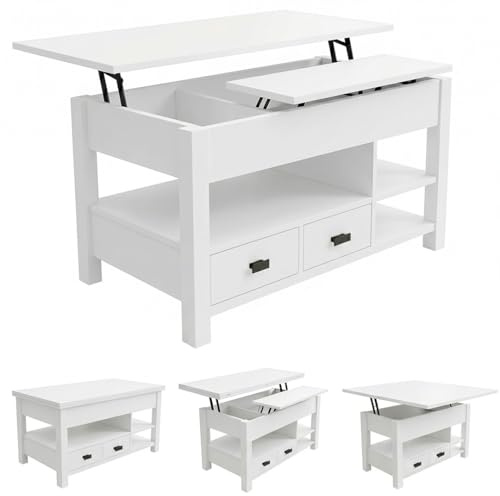 Marctani Mesa de Centro elevable 3 en 1 - Mesa de Centro Blanca con Almacenamiento Oculto y 2 Cajones, Mueble de Salón Extensible en Madera MDF para Escritorio y Comedor