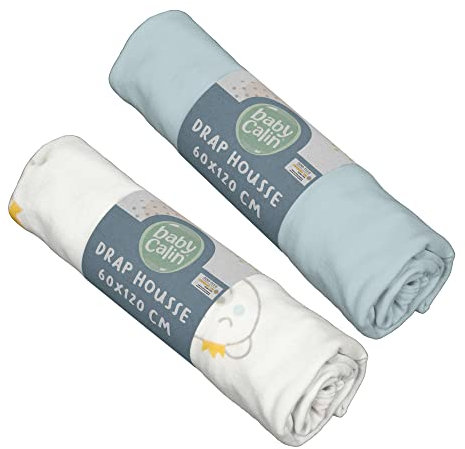 babyCalin 2er Set Spannbettlaken, 60x120 cm, Himmelblau und Bär