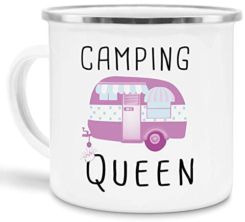 Tassendruck Emaille Tasse Camping lustig - Geschenk zum Camping/Tasse für coole Camper/Geschenk-Idee Campingfreunde - Camping Queen - groß silber Rand