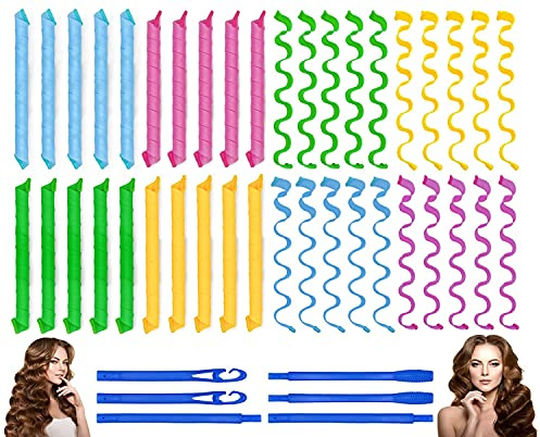 40PCS Hair Curlers Heatless Wave and Spiral Two Styles Formers(16inches) with 4PCS Styling Hooks Magic Hair Rollers No Heat Damage for Women and Kids’ Short and Medium Hair (16inch)