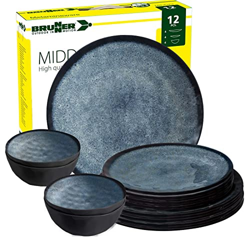 BRUNNER Camping-Geschirr-Set Melamin 2-4 Personen | 12-Teilig - Teller & Schüsseln | Midday Venetian - Für Wohnmobil, Wohnwagen & Boot - Bruchfest, Leicht & Anti-Slip