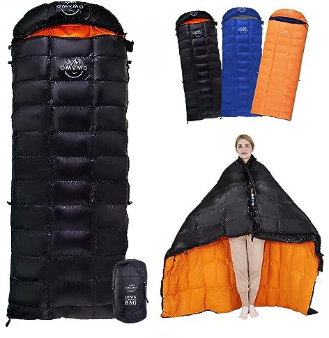OMVMO Daunenschlafsack für Erwachsene, leicht, 4-Jahreszeiten-Umschlag, rechteckiger Daunenschlafsack für Rucksackreisen, Camping, schwarzer Reißverschluss links
