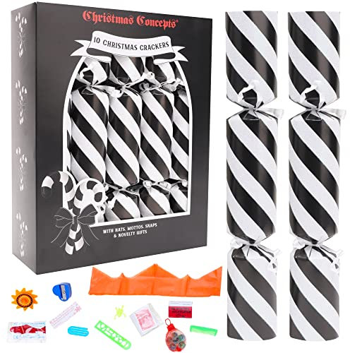 Christmas Concepts® 10 Cracker Natalizi Deluxe Stile Bastoncino di Zucchero con Glitter – Cappelli, Motti, Bottoni a Pressione e novità Regalo Inclusi – 3 Colori Disponibili – Nero CATEGORIA F1