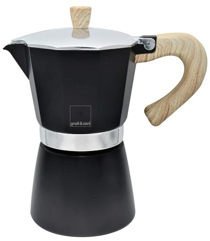 Gnali & Zani Venezia Espressokocher | Schwarz | Für 6 Tassen | Alle Herdarten inklusive Induktion | Aluminium Espresso kocher | Griffe aus Softtouch-Kunststoff in Holzoptik | Camping Kaffeekocher