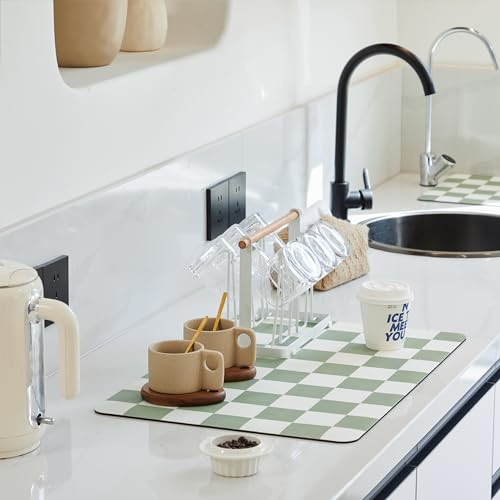 Ohocut Checkered Dish Drying Mat for Kitchen Counter, Coffee Bar Station Accessories, Retro Cute Aesthetic Modern Absorbent Drainer Mat Kitchen Drying Mat Easy Clean, Sage 16 x 24