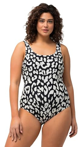 Ulla Popken Bañador, patrón de Leopardo, sin Rellenos Blandos, Cuello Redondo Negro 50+ 827226100-50+