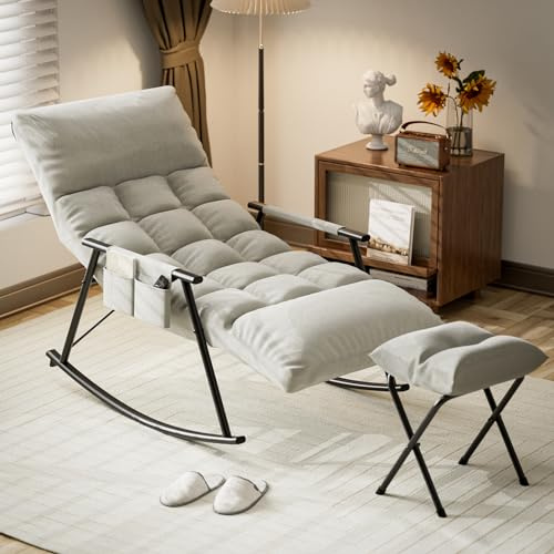 CyyKcc Relax Rocking Chair with Footstool, Comfy Reclining Chair with Adjustable Headrest, Dutch Velvet Upholstered Deck Chair with Side Pocket for Living Room, Bedroom, Gameroom, Baby room, Balcony