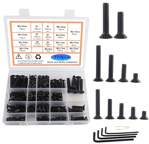 Rshuhx Black Flat head Bolts Nuts and Washers Series set Carbon steel material M5 M6 M8 Full Thread head Mechanical Bolts and nuts Classification box kit With Hexagonal wrench 310piece