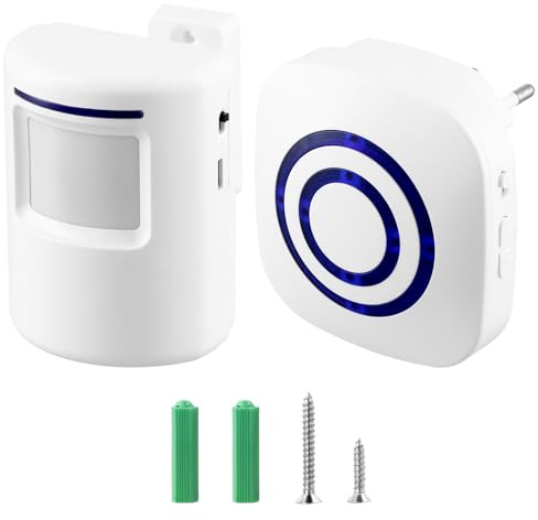 QWORK® Detector de Presencia para Tienda, Timbre Inalámbrico con 1 Receptor Electrónico y 1 Detector de Sensor de Movimiento PIR, 38 Tonos, 3 Niveles de Volumen, Rango 70m