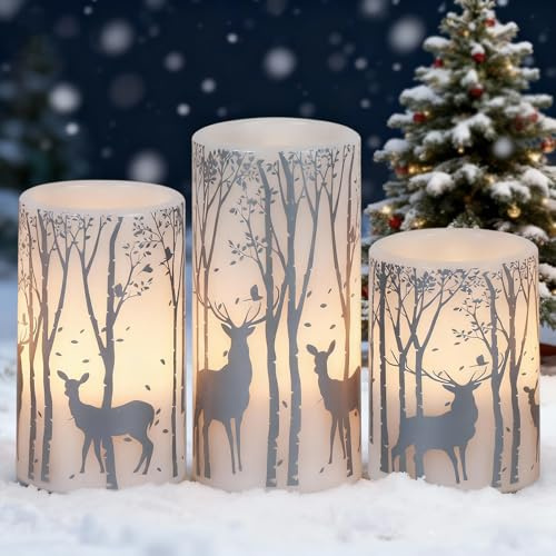 Eldnacele Christmas Battery Candles with Silver Reindeer Design, 3 Pack | Reindeer Christmas Decorations, LED Pillar Candles, 6H Timer, Flickering Flame, Flameless, Real Wax, Silver Foil Pattern
