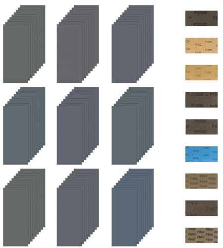 Pavlleen 81 Piezas Papel de Lijas, Papel de Lija al Agua, Papel de Lija para Madera, en Húmedo y en Seco de grano 400 a 3000, 9 tipos0 para el Acabado de Coches Metal Madera Pintura Paredes Cristal