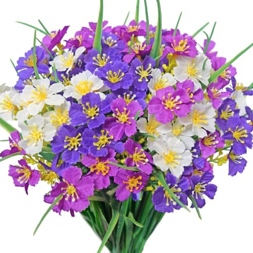 Kinisty Artificial Outdoor Plants and Flowers 8 Bundles Decorative Faux Silk Flower UV Resistant Plastic Fake Shrubs for for Outside Planters Garden Window Boxes Decoration